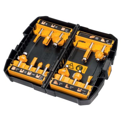 Coffret de 12 fraises de défonceuse: Diam 8mm : D12 R6, D12.7 90°, D14.3 14°, D21.5 R6, D27 R4, D28.6 45°, D8 L20, D12 L20, D16 L20, D12.7 L25.4, D24.